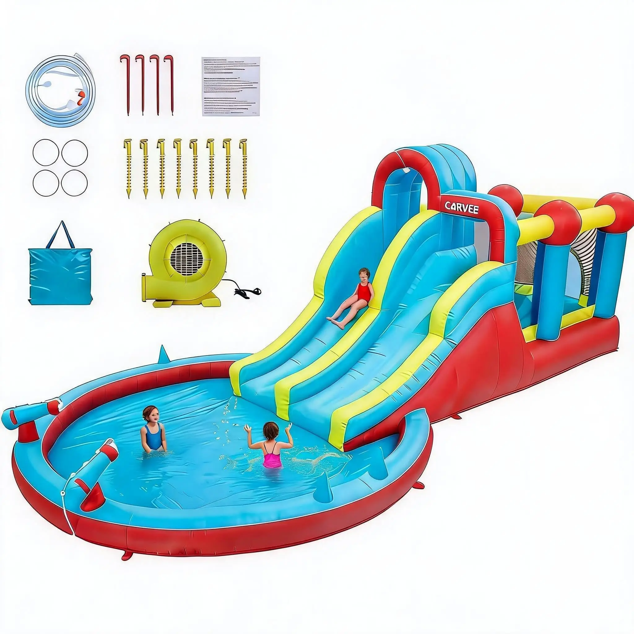 Château gonflable XXL avec toboggan aquatique, structure gonflable avec souffleur, parc aquatique pour enfants avec souffleur, sautades en plein air, piscine à jets d'eau, toboggan, grand château gonflable, aire de jeux estivale pour la cour, utilisation intérieure-extérieure