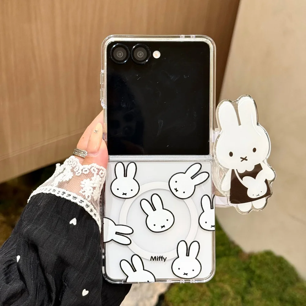 Kawaii Cartoon Miffy Rabbit Magnetic Phone Case for Samsung Galaxy Z Flip8 Z Flip7 Z Flip6 with Magsafe Stand Cute Anti Drop Set