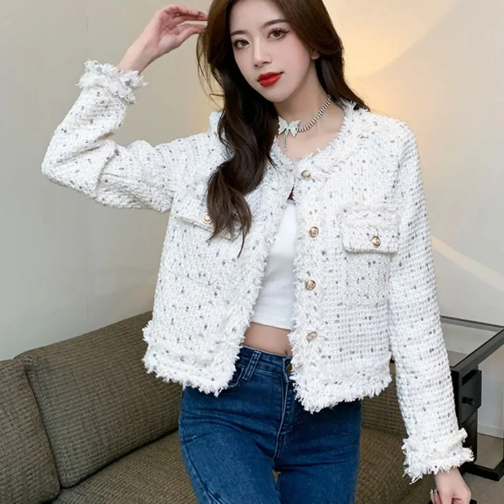 Korean Tassels O-Neck Polka Dot Jacket For Ladies Temperament Sweet Tweed Coat Women Single Breasted Fashion Short Tops Female