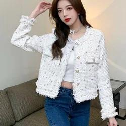 Korean Tassels O-Neck Polka Dot Jacket For Ladies Temperament Sweet Tweed Coat Women Single Breasted Fashion Short Tops Female