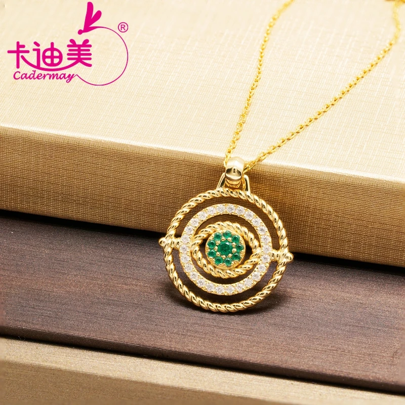 CADERMAY Sterling Silver Muzo Green Cultivated Emerald Round Gold Plated Pendant Moissanite Necklace High Jewelry