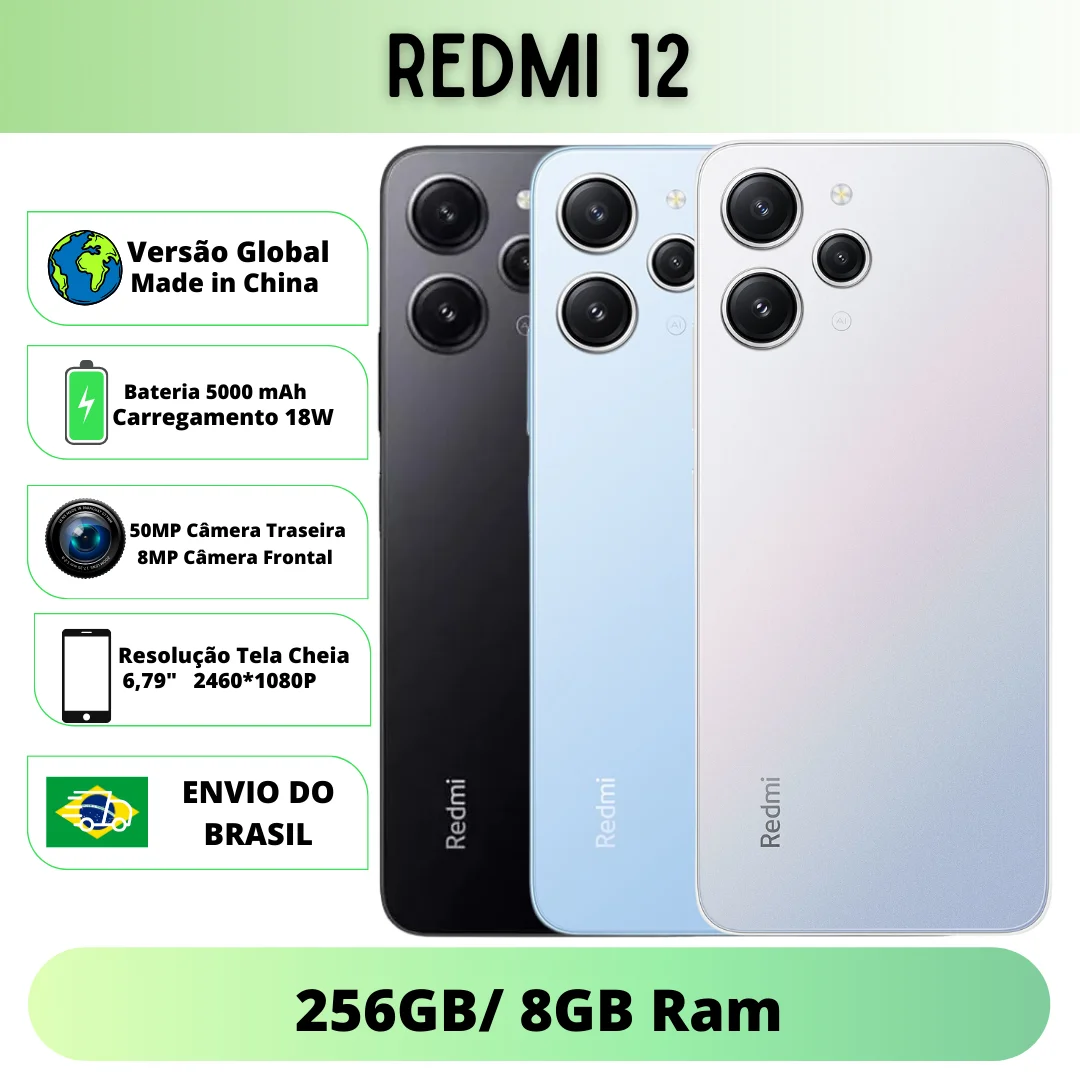 Xiaomi Redmi 12 256GB ROM 8GB RAM Versão Global | Smartphone 4G , ROM Global , Câmera 18MP , Carregador 18W