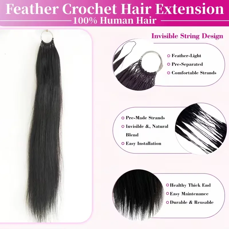 Ganchillo de Plumas Rectas 100% Cabello Humano Negro Natural Pre-Separado Ganchillo de Plumas Invisible Extensiones de Cabello de Ganchillo Cabello Humano Cada paquete contiene 60g. 100 tiras (50 pares) 3