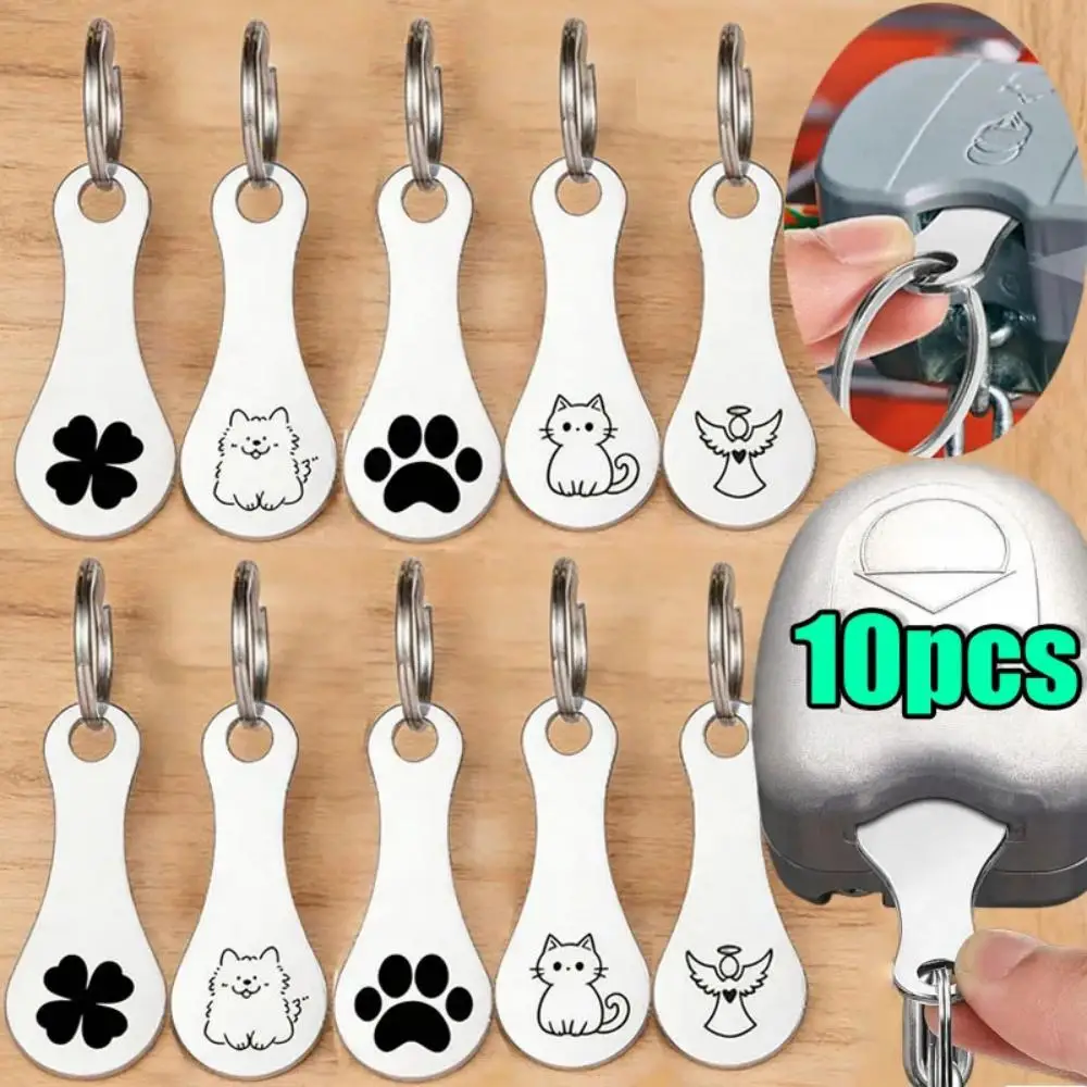 10pcs Metal Shopping Cart Token Keychains, Trolley Release Keys with Cat, Dog, Paw, Clover & Angel Designs, Reusable Grocery Too