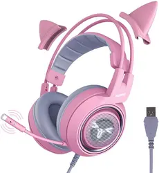 SOMIC G951pink Gaming Headset Cat Ear Headphone USB Gaming Headphones With LED Light, 7.1 Virtual Surround Sound