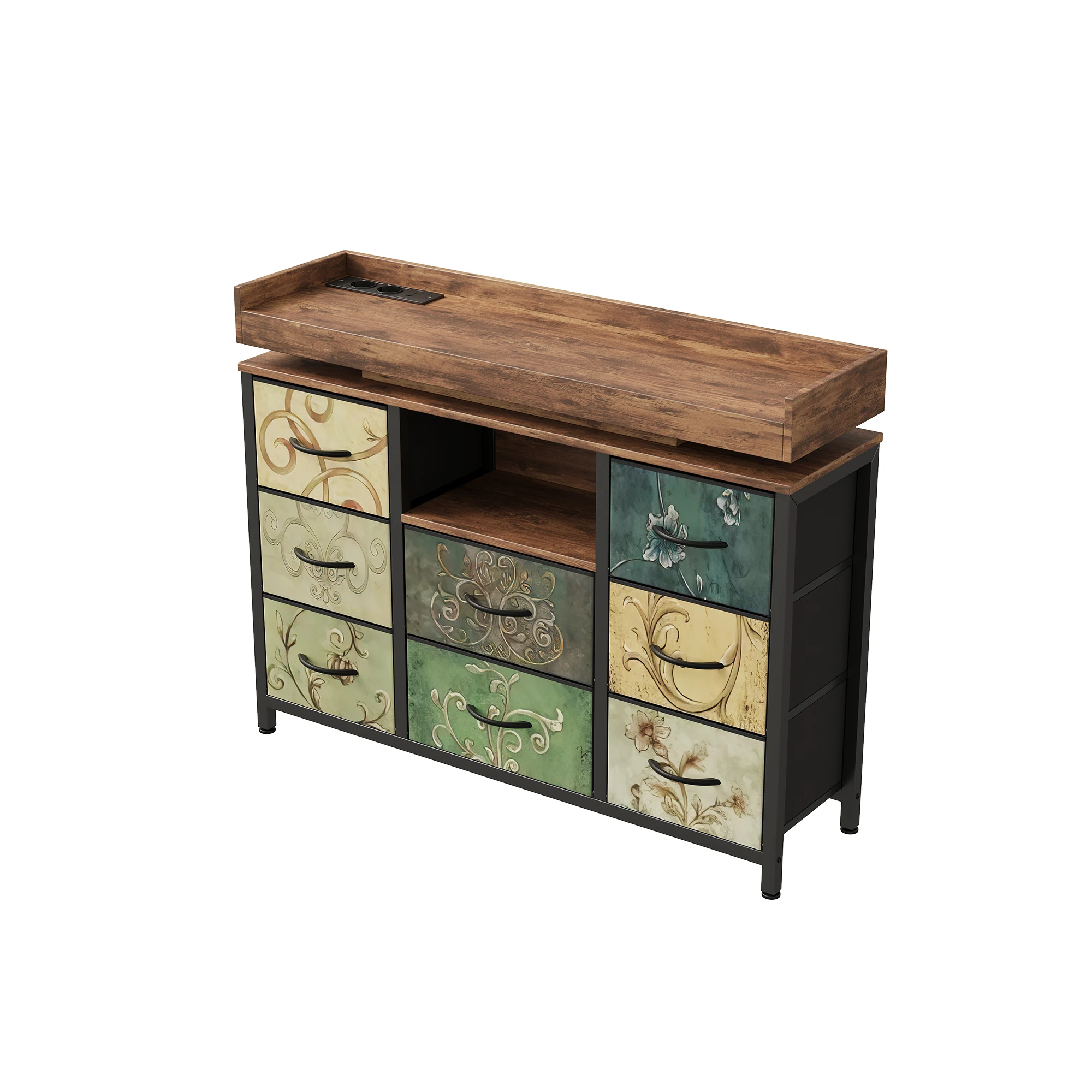 Anajqaqia TV-kast 108×30×82cm, met 8 stoffen laden en open vak, LED-tv-kast voor woonkamer, veelkleurig