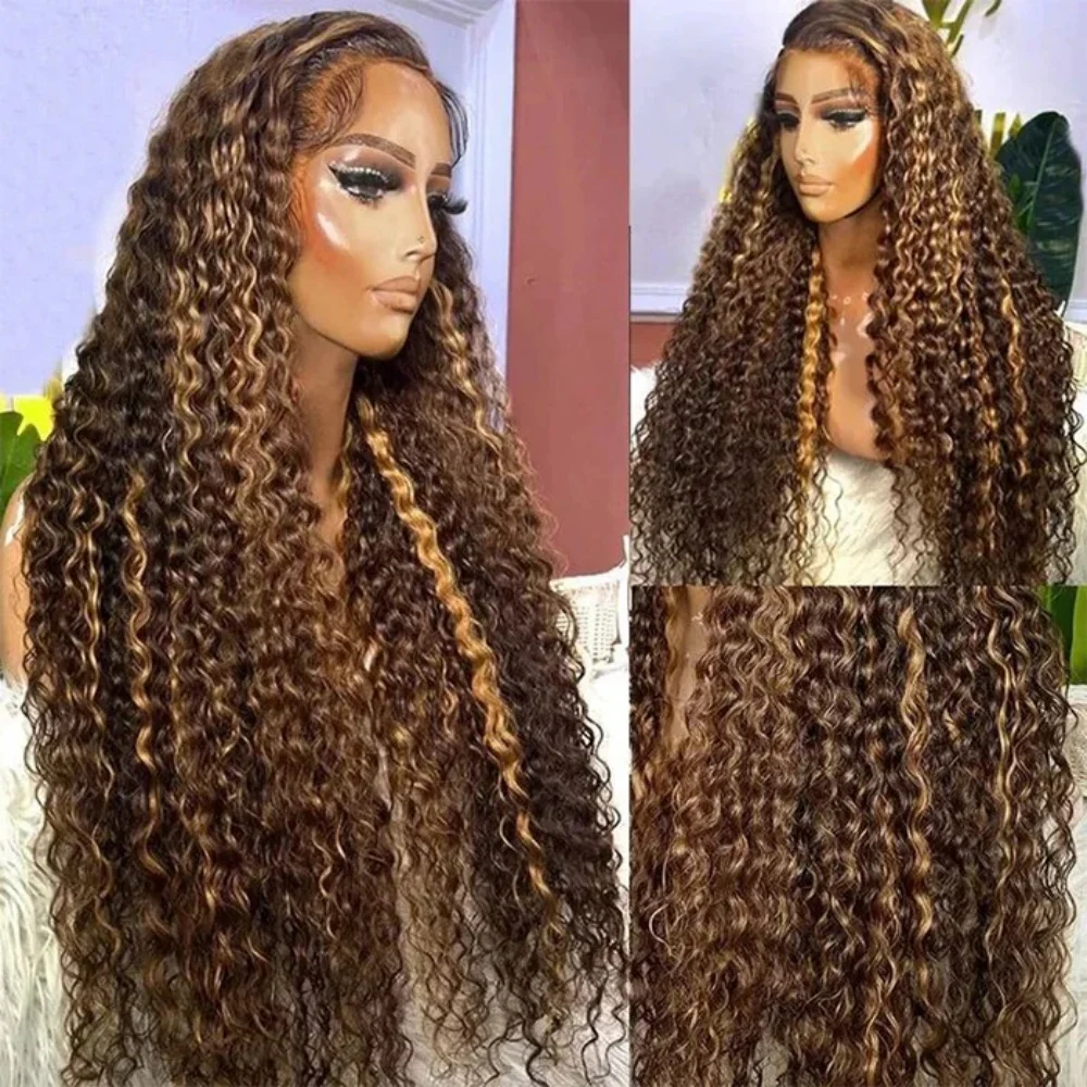 Curly Lace Front Human Hair Wigs 13x4 13x6 Ombre Color Highlight Honey 4/27 250% Density 36 Inch Deep Water Wave Frontal Wigs