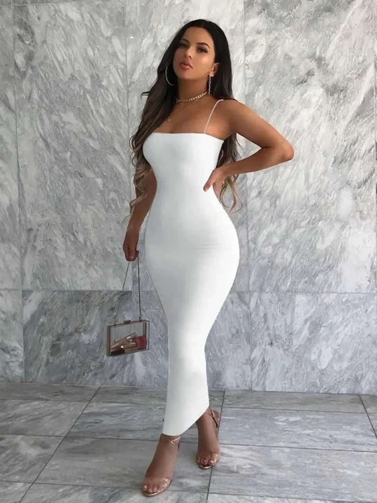 Spaghetti Band Schwarz Bodycon Kleid Weiß Club Outfits Für Frauen Kleidung Sommer Lange Abendkleider