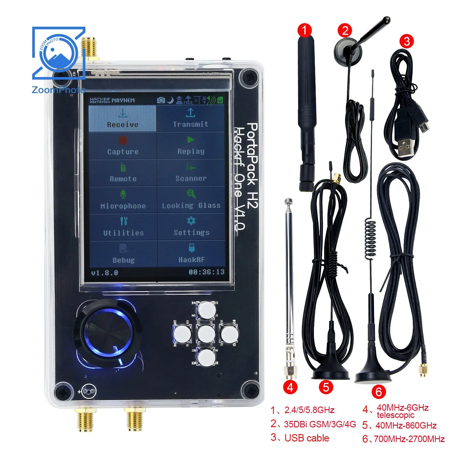 هوائي HackRF One PortaPack H2 ، R9 V2.0.0 ، شاشة LCD مطورة ، هيكل مُجمع وكابل USB