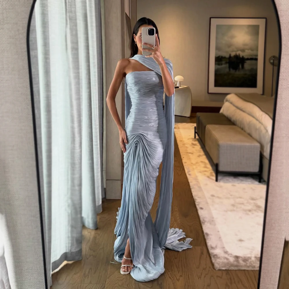 Galarity Blaues Ballkleid 2026 mit Cape, Formelles Abendkleid, Luxuriöses Kleid mit Hohem Schlitz, Geburtstagskleid, Plissiertes Party-Gala-Kleid, Maßanfertigung