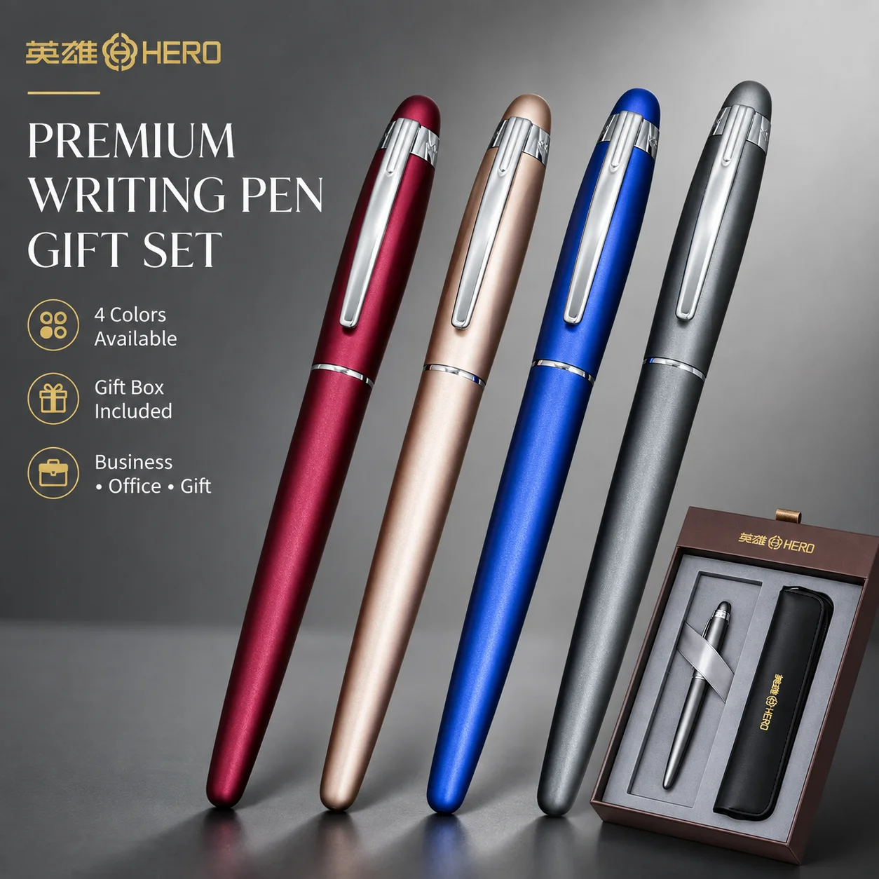 HERO 8202 Premium Fountain Pen Gift Box Set, Luxury Brown Packaging Equipped with Pen Case, Elegant Office Writing Pen, Perfect