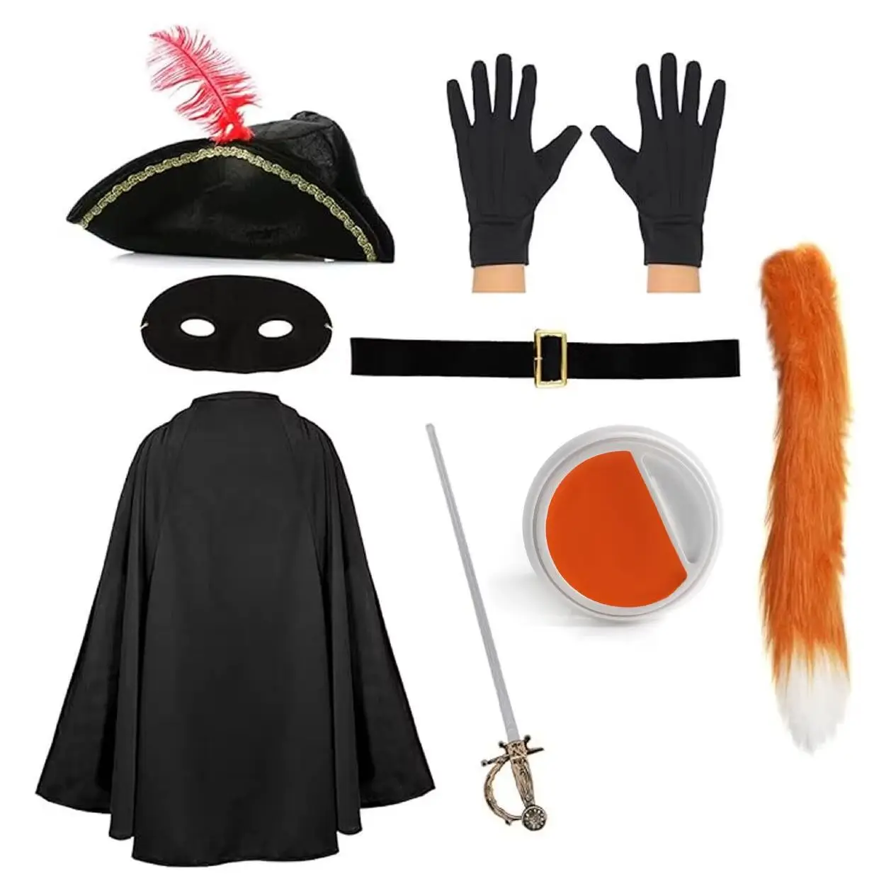 Adults Cat Bandit Costume - Tricorn Hat, Cape, Mask, Gloves, Belt, Orange Tail, Fake Sword & Face Paint - World Book Day Outfit