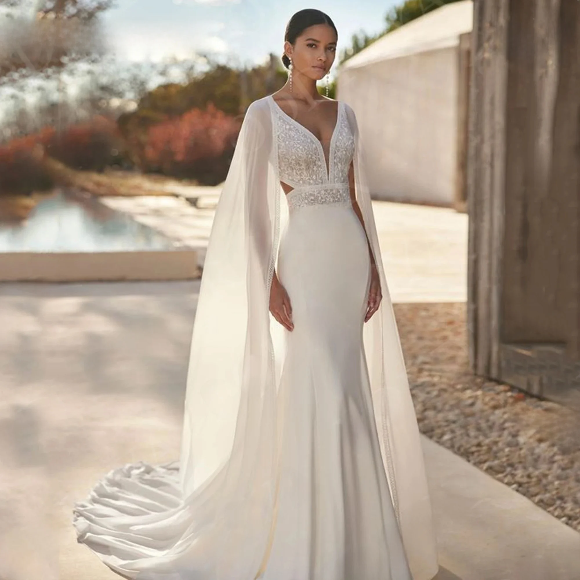 Roddrsya sexy Meerjungfrau Brautkleid mit Schal maßge schneiderte charmante Spitze V-Ausschnitt offenen Rücken Boho Brautkleider Krepp Applikationen Sexy Meerjungfrau Brautkleid mit Schal besonders