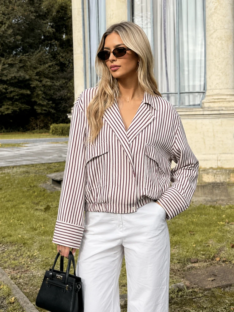 HH Women Chic Relaxed Fit Striped Shirt Jacket Spring Elastic Gathered Hem Cuffed Cuffs Cropped Outerwear For Business Daily