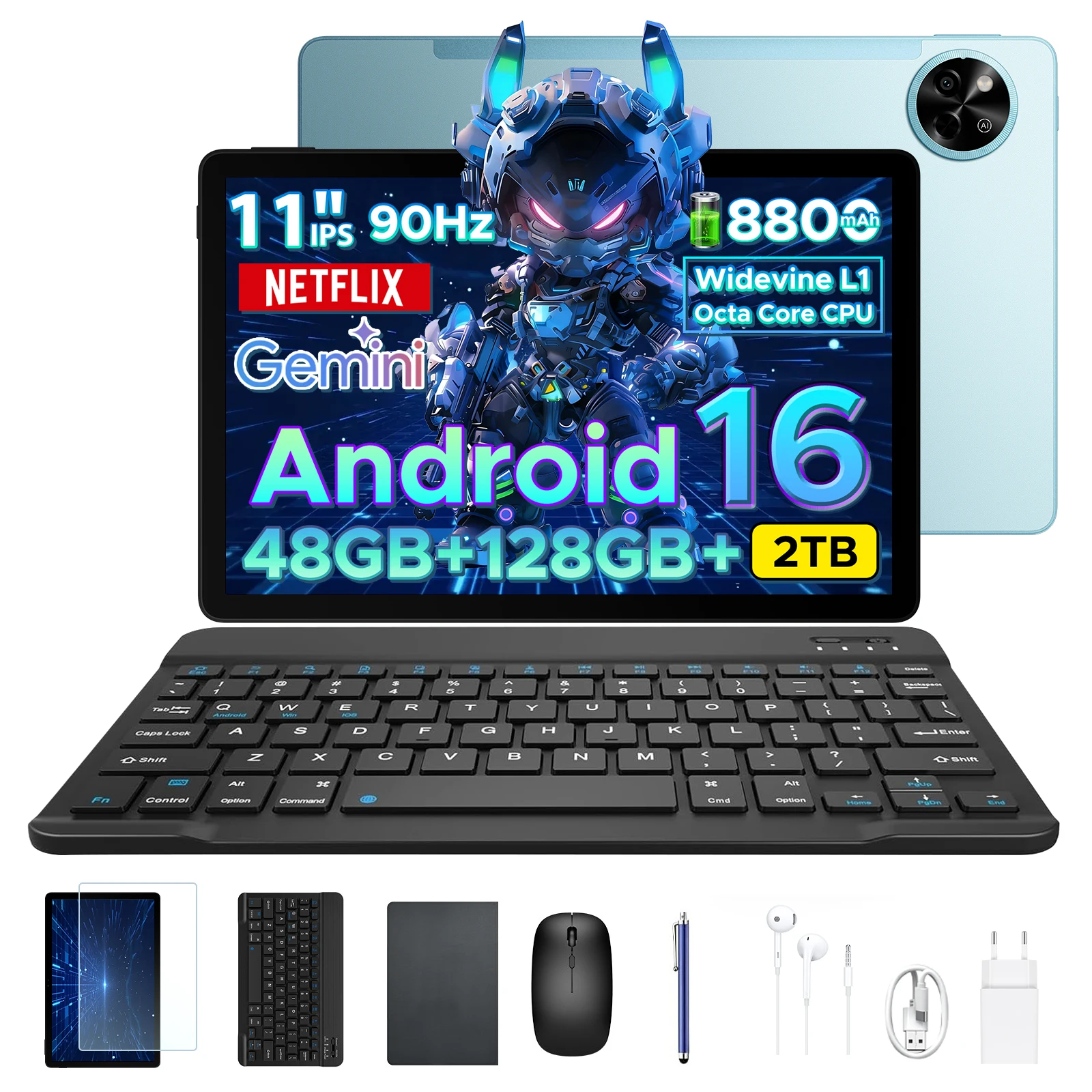 Tablette Android 16 POCKAM P11 2 en 1, tablette PC 11'', écran 90 Hz, batterie 8800 mAh, 48 Go de RAM (8+40 Go), 128 Go de ROM, Gemini AI, Widevine L1