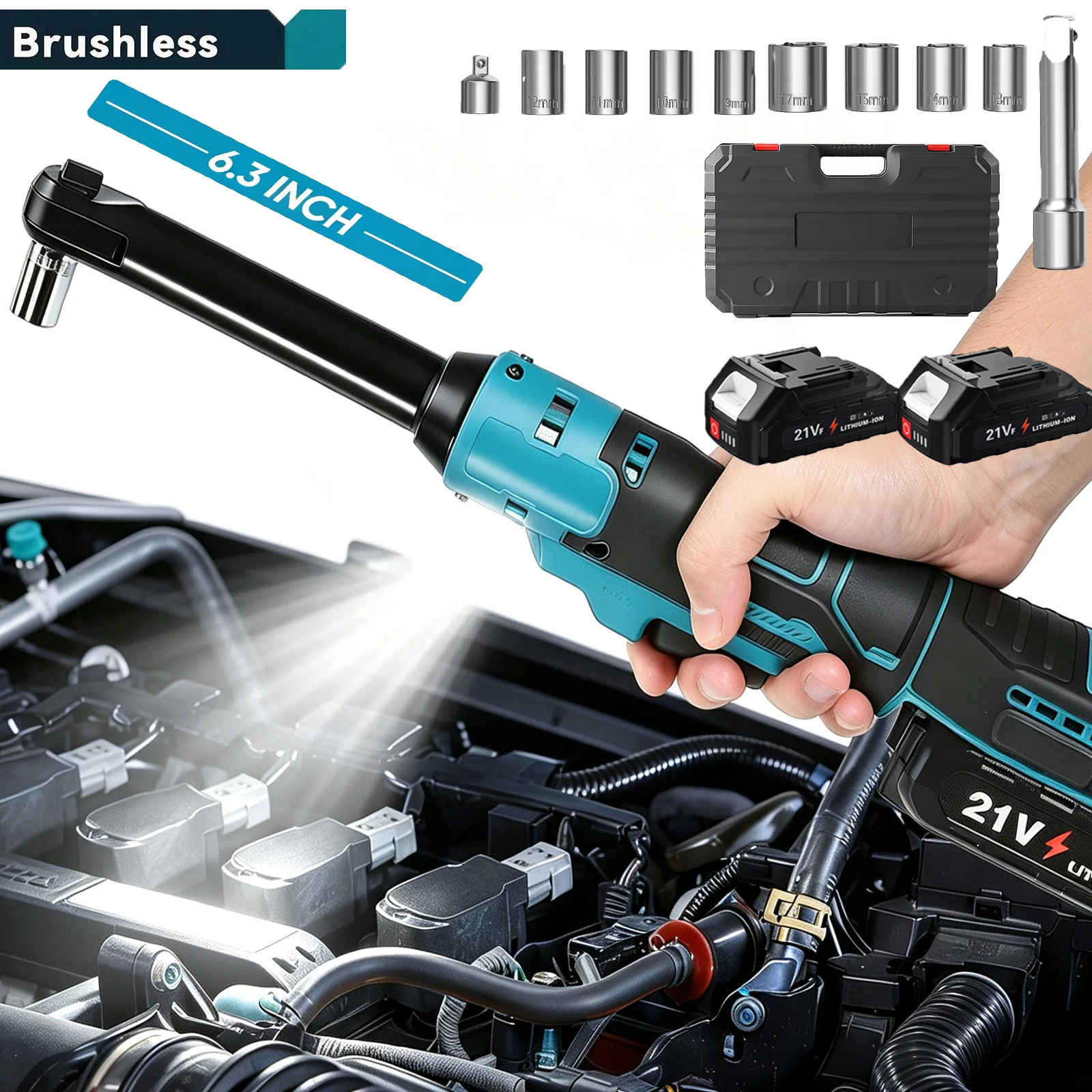 Chiave a cricchetto elettrica senza spazzole estesa da 16 cm, chiave a batteria 3/8', chiave angolare 80 Nm, kit di utensili elettrici per la riparazione auto con 2 batterie al litio da 21 V