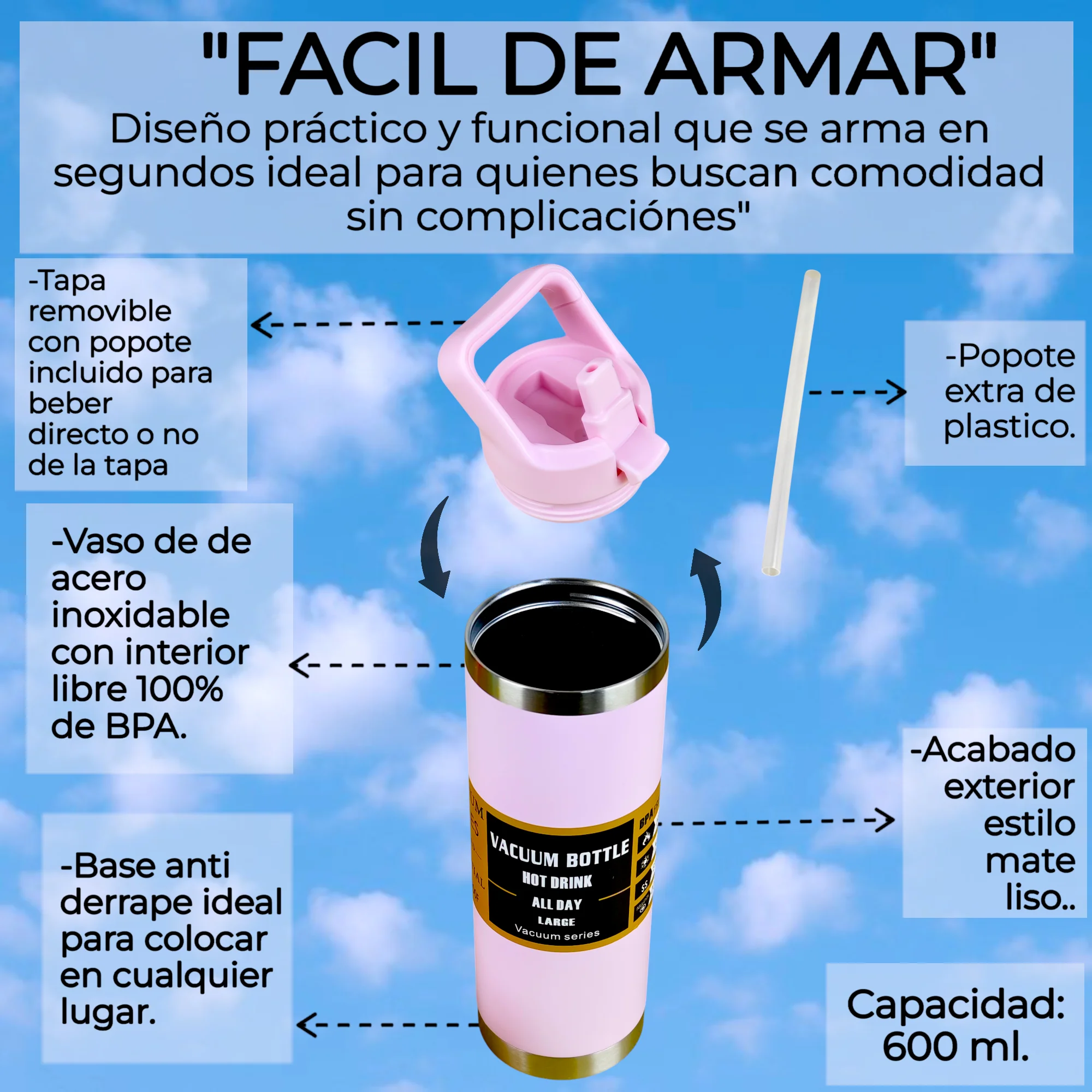 بهلوان/زجاجة/ترمس من الفولاذ المقاوم للصدأ بمقبض وقش، Fab-25، ترمس محمول، زجاجة رياضية، كوب معزول حراريًا، ترمس للمشروبات الساخنة أو الباردة، 15 لونًا مختلفًا، 600 مل. #3