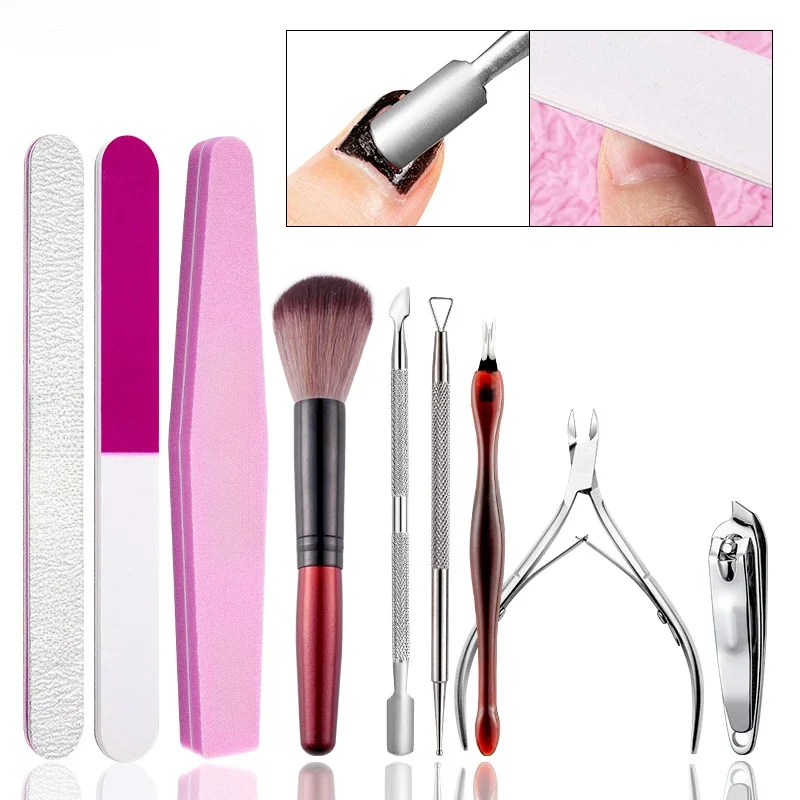 Zestaw do manicure: przyrząd do odpychania skórek, obcinaczki do paznokci, pilnik do paznokci, polerka, narzędzie do szlifowania, szczoteczka do czyszczenia, narzędzie do usuwania martwego naskórka, pisak do zdobień. — zdjęcie 2