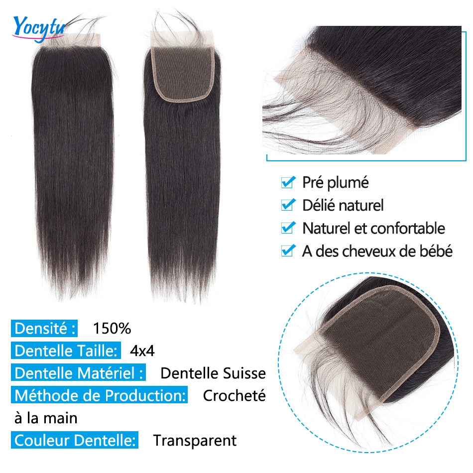 Extensiones de cabello humano con cierre a la venta, 4x4, cierre de encaje transparente, cabello humano, extensiones de cabello liso brasileño con