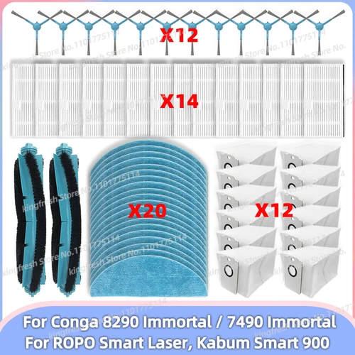 ( Cecotec Conga 8290 Immortal/7490 Immortal, ROPO Smart Laser, Kabum Smart 900 )  청소기 교체 부품 - 롤러 브러시, HEPA 필터, 걸레 천, 걸레, 먼지 봉투 