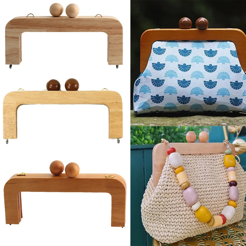 1PC Wallet DIY Frame Lock Wooden Handle Knitted Bag Retro Bag Solid Wood Curved Handle With Wooden Beads With Screws