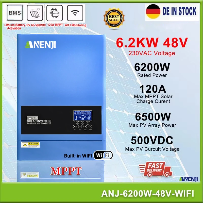 

6,2 кВт гибридный солнечный инвертор 48 В 230 В переменного тока в сети от сети чистая синусоида инвертор фотоэлектрический 60-500 В встроенный контроллер заряда солнечной энергии 120 А