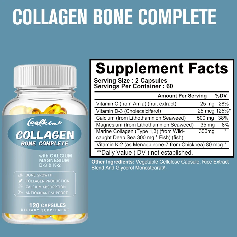 Collagen Bone Complex - Supports Bone Growth, Promotes Collagen Production, Calcium Absorption, Antioxidant - 120 Capsules