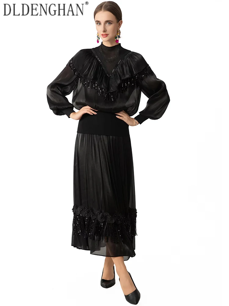 DLDENGHAN Women O-Neck Lantern Sleeve Elastic Waist Beading Sequins Tassel Spring Autumnal New model High Street 2--Piece