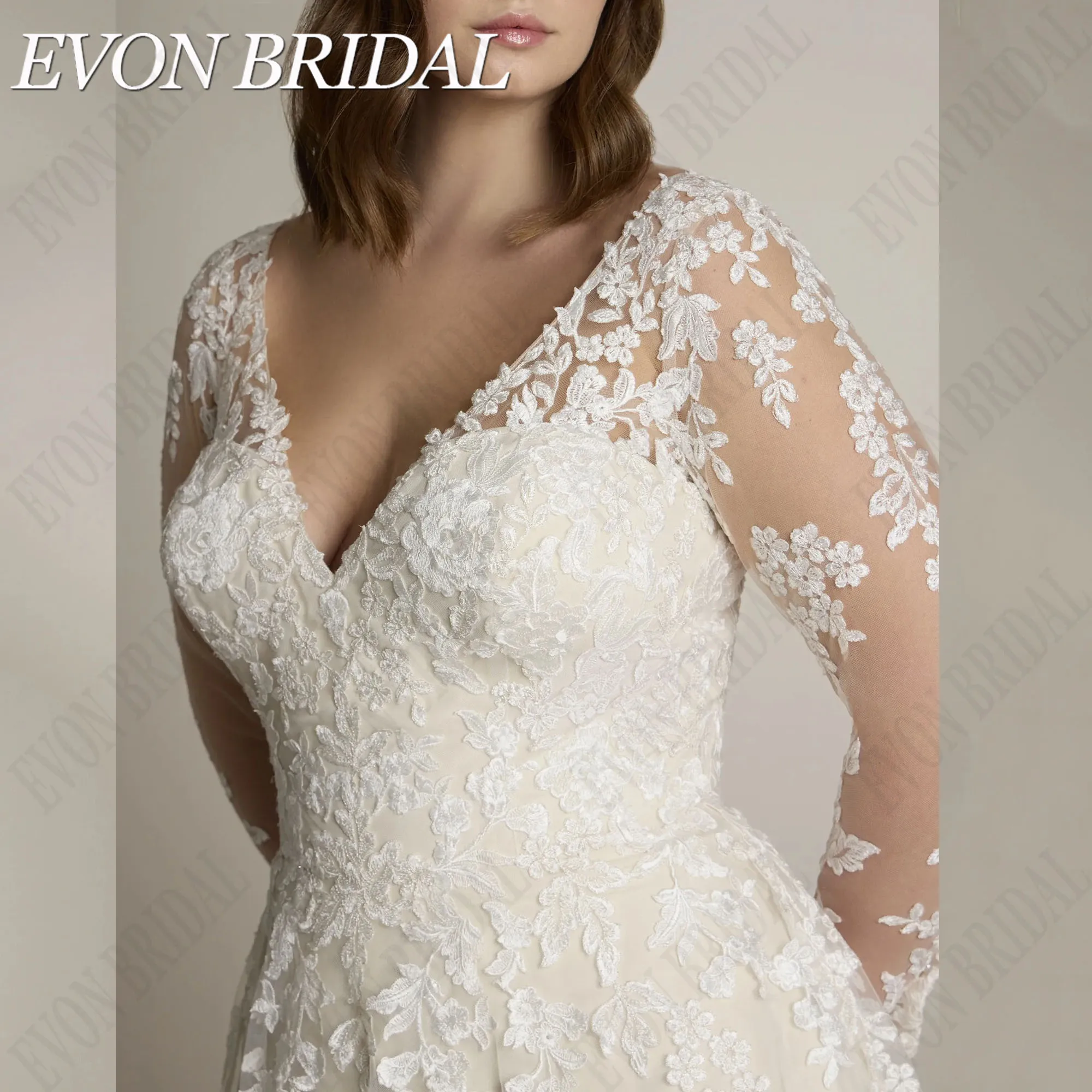 EVON BRIDAL Elegante A-lijn trouwjurk lange mouwen kant bruidsjurken Plus size vestidos De Novia V-hals applique rugloosEVON BRIDAL Elegante A-Lijn Bruidsjurk Lange Mouwen Kant Bruidsjurken Plus Size Vestidos De Novia