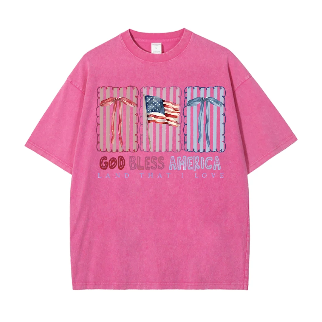 

God Blessed America Chrirstian Washed Cotton T-Shirt Summer Casual Oversized Tees Women Breathable Crewneck Tops Fashion Tshirt