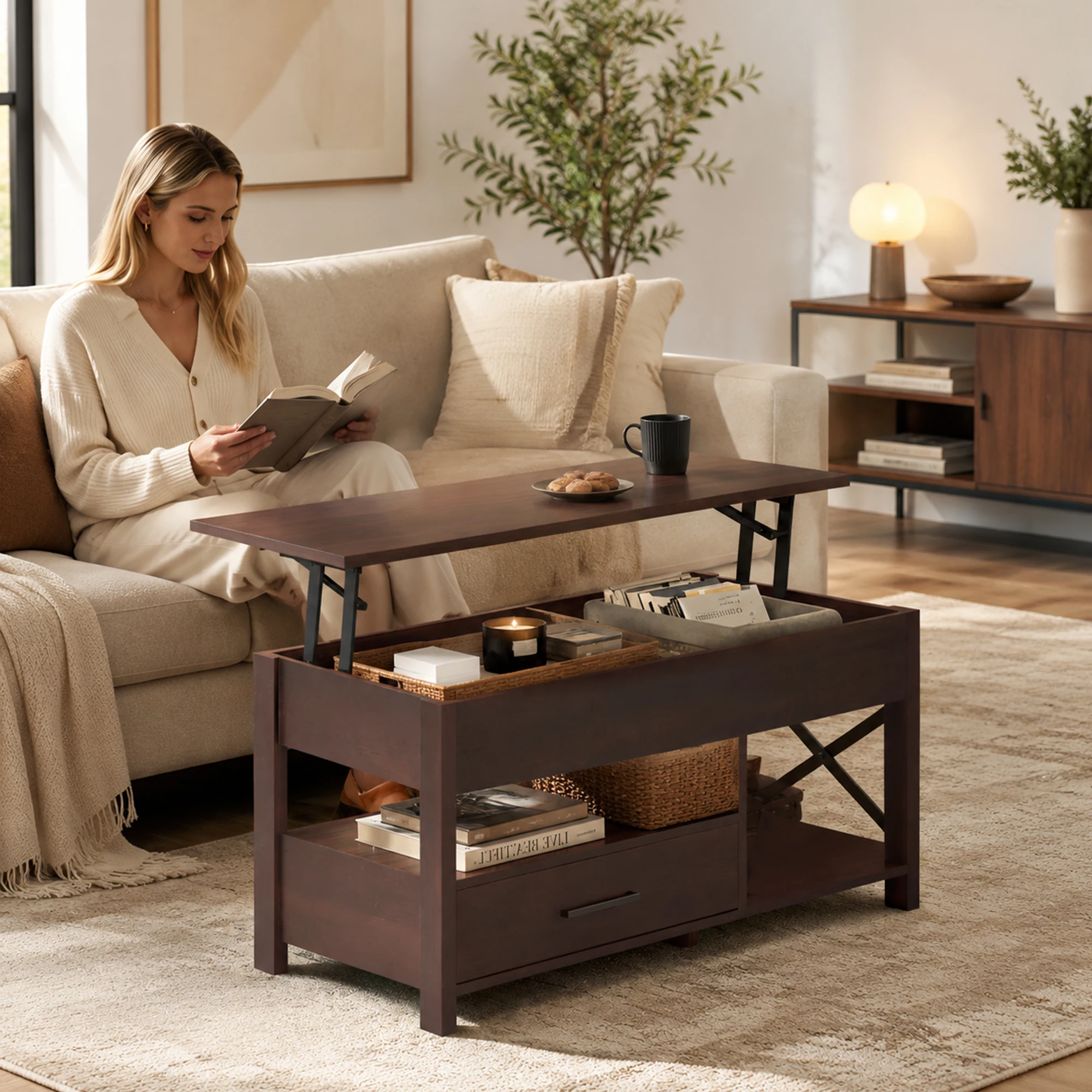 Mesa de centro con tapa elevable para sala de estar/comedor/oficina, color marrón |   Mesa de Centro de Madera Estilo Moderno Rústico