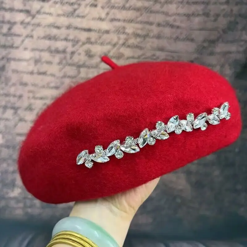 Beret czapka koreańska wersja modna i modna wełniany beret, kobieta beret, zachodni diament wodny, jesienno-zimowy wszechstronny