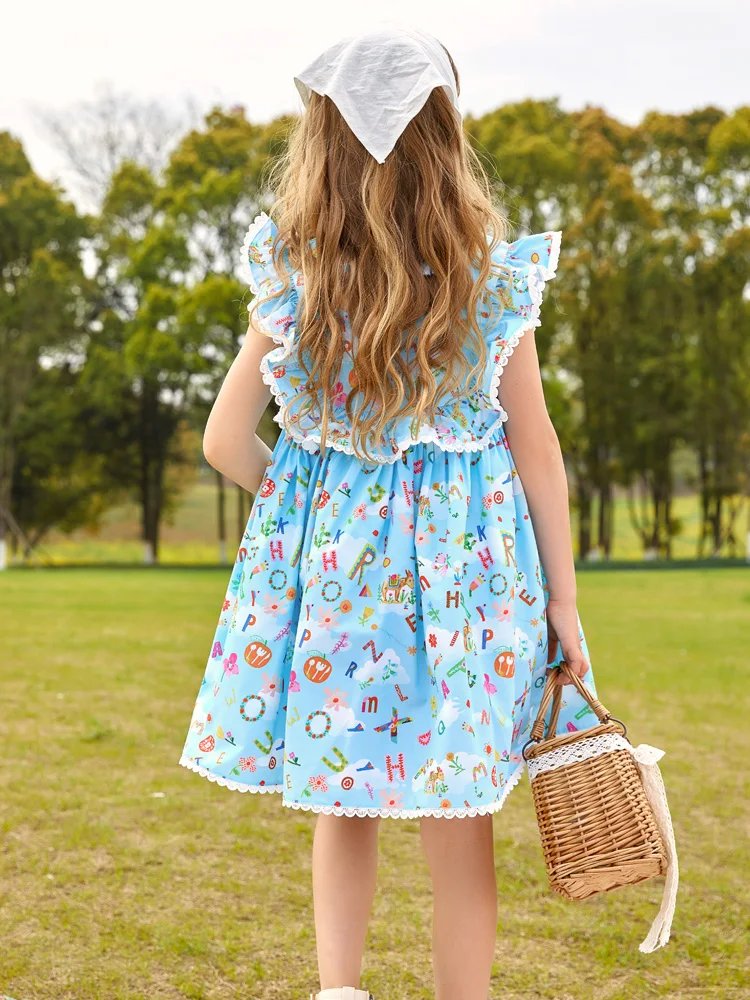 Girls Blue Dress Summer Floral Printed Princess Dress With Ruffles