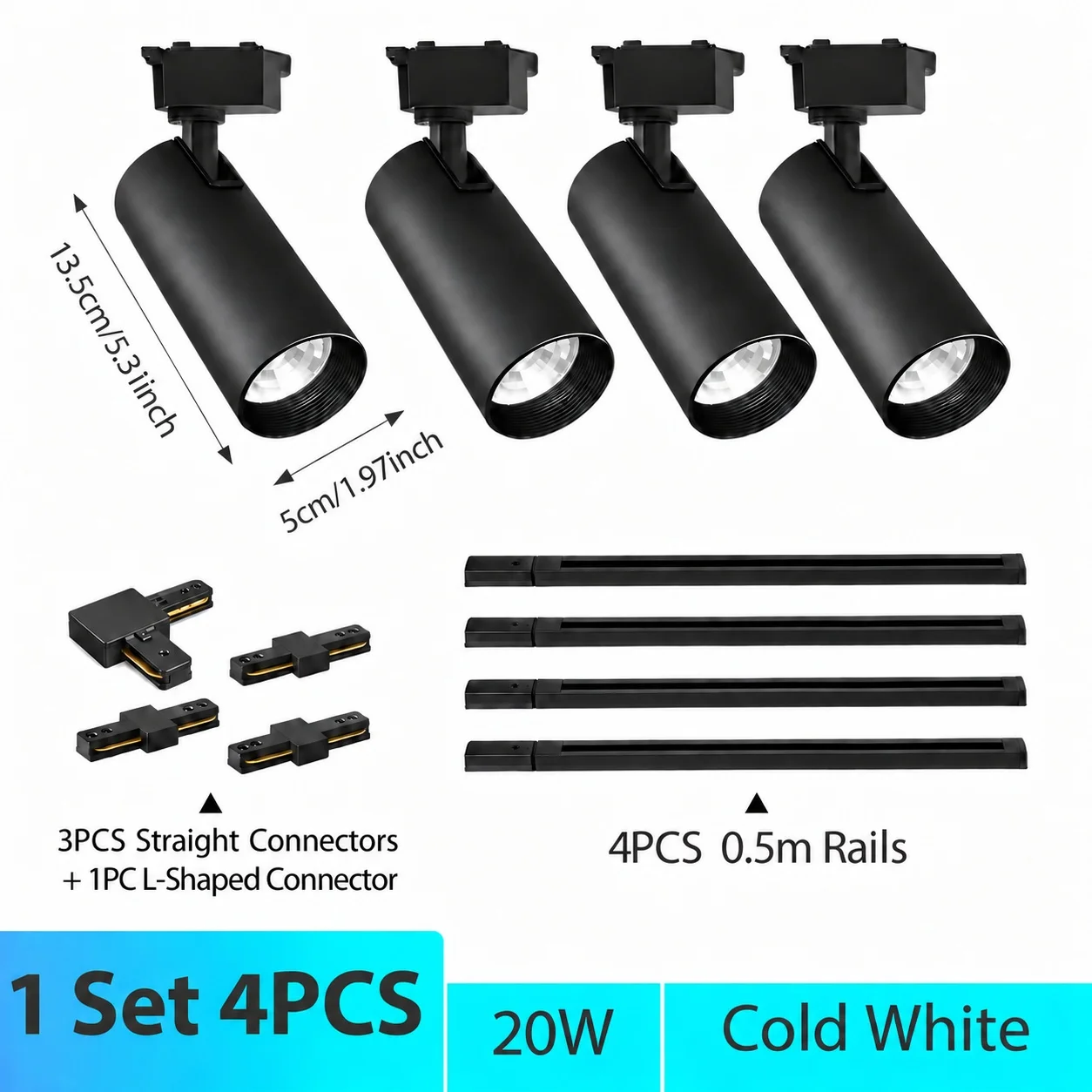 LED-spoorverlichtingsset, zwart, met 4 of 6 spots, inclusief 0,5 m lange rails en verbindingsstukken, 20W, 30W, 40W, plafondspoorverlichtingsset, 350. °   Verstelbaar