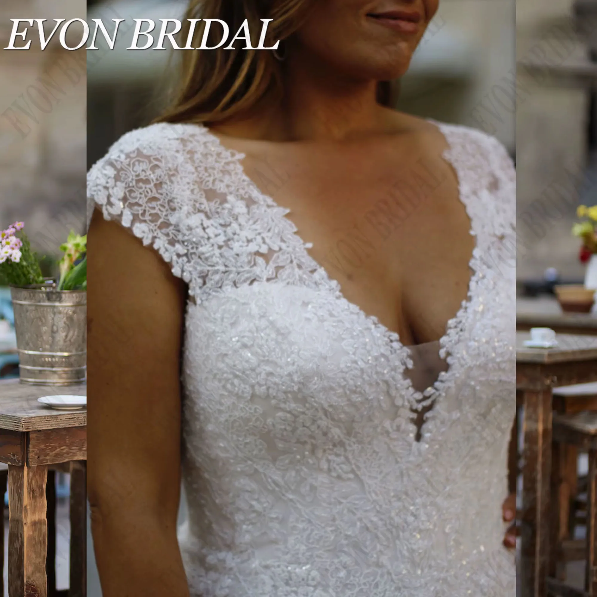 فستان زفاف كبير الحجم العروس على شكل حرف v وأكمام قصيرة مزين فساتين العروس Vestidos De Novia بأربطة ترتر EVON BRIDAL مخصص #5