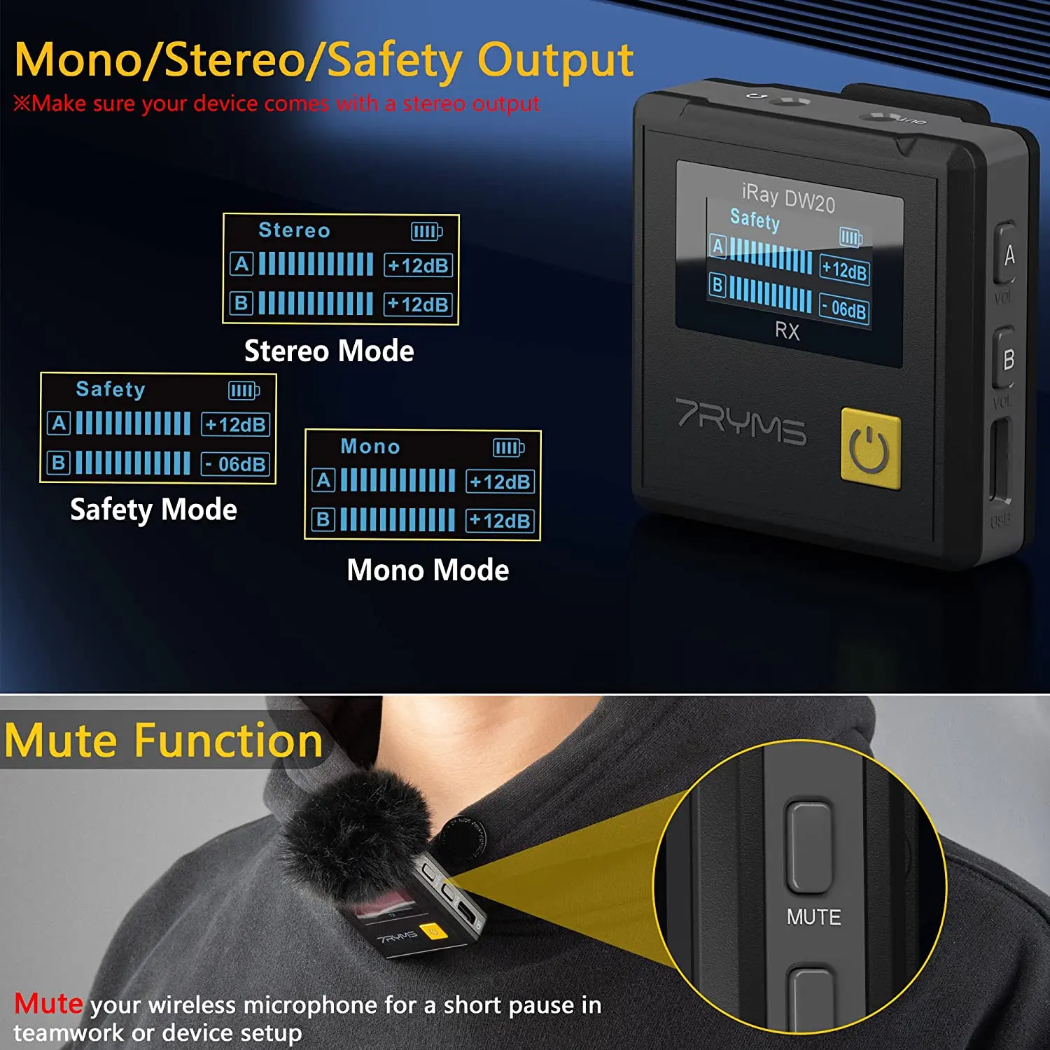 Mikrofon Lavalier Nirkabel 7RYMS IRay DW20 PRO 2.4G Mikrofon Kerah dengan Kotak Pengisi Daya untuk Ponsel Kamera YouTube Siaran Langsung Tiktok