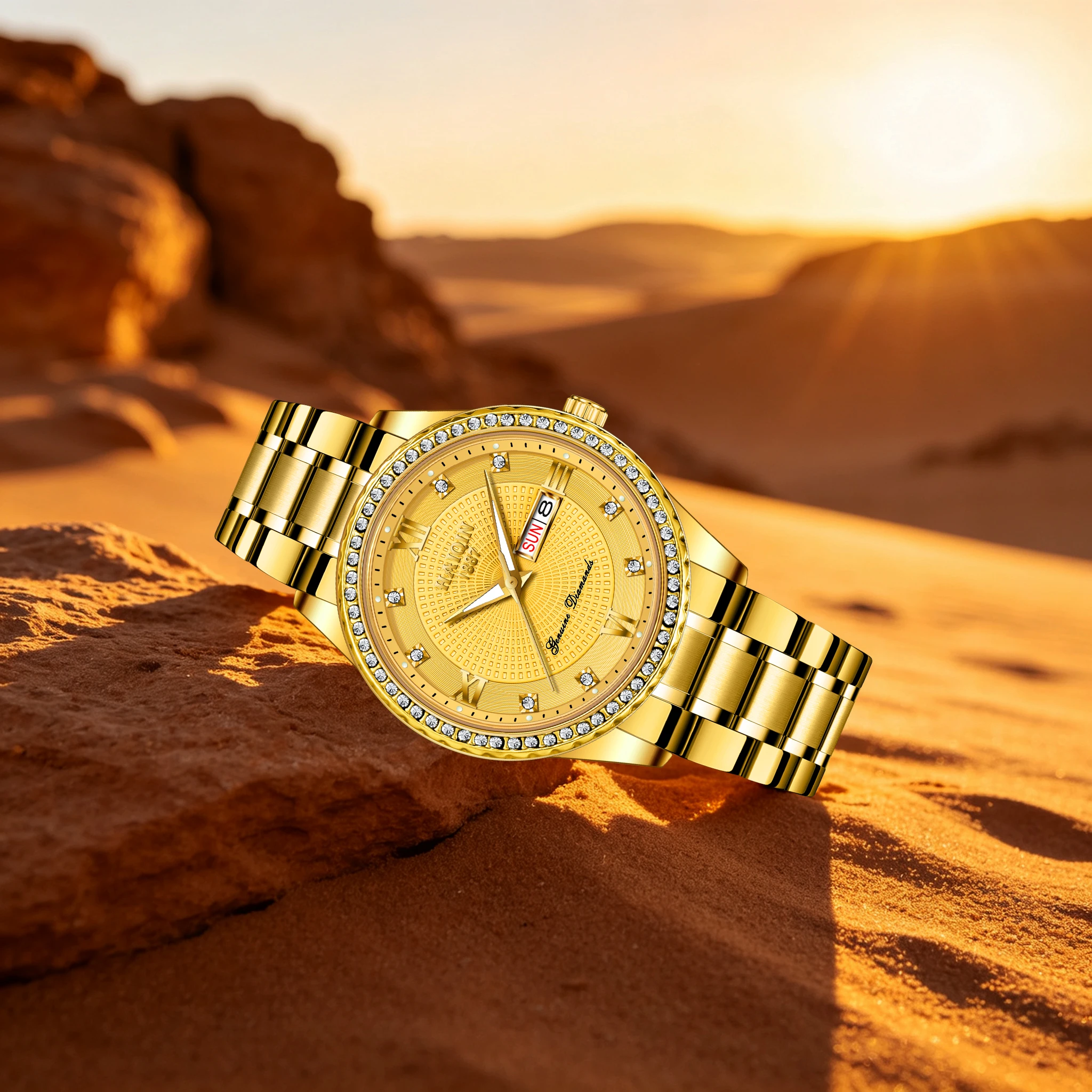 2026 HAIQIN New Luxury Full Gold Men Quartz Watch Roman Scale Week & Date Dual Display Stainless Steel Belt Business Dress Watch