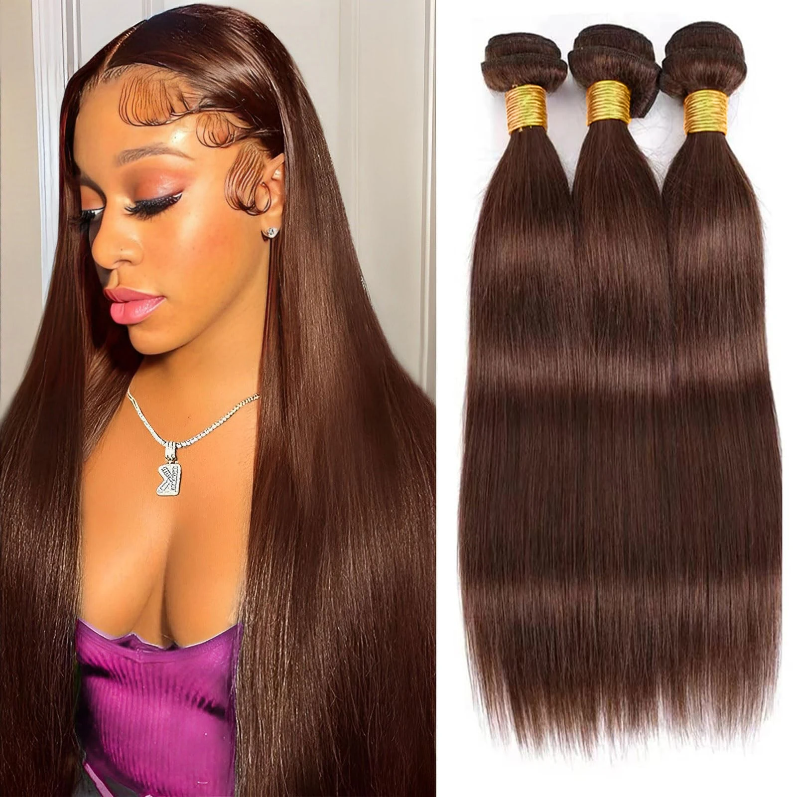 Straight Bundles Human Hair 18 20 22 Chocolate Brown Human Hair Bundles Color #4 Human Hair Bundles 12A Grade Straight Bundles