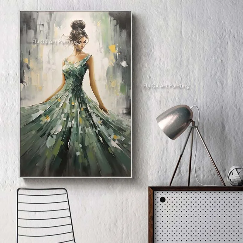 

Ручная роспись: Элегантная женщина в зеленом платье, картина маслом на холсте, современное абстрактное изображение, настенное искусство для гостиной, декор для дома.