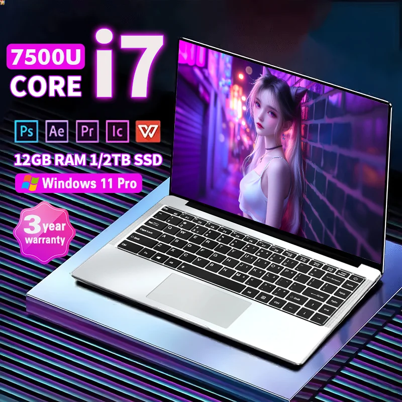 Portátil ultrafino Intel Core i7-7500U 2026, 14,1 pulgadas, Windows 11, 12 GB de RAM, 1 TB SSD, juegos HD, ordenador para oficina y estudio