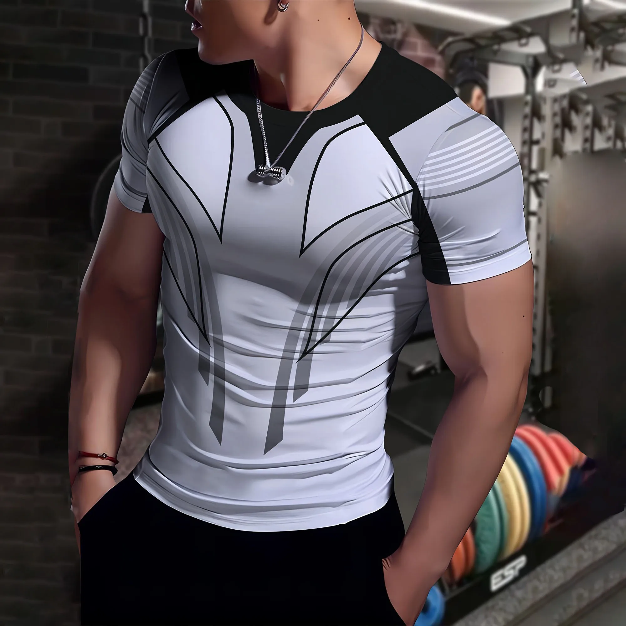 2026 Sommer Herren Geometrisches Linien-Farbblock-T-Shirt, Schnelltrocknendes Kurzarm-Oberteil für Fitness, Laufen, Training & Straßensport