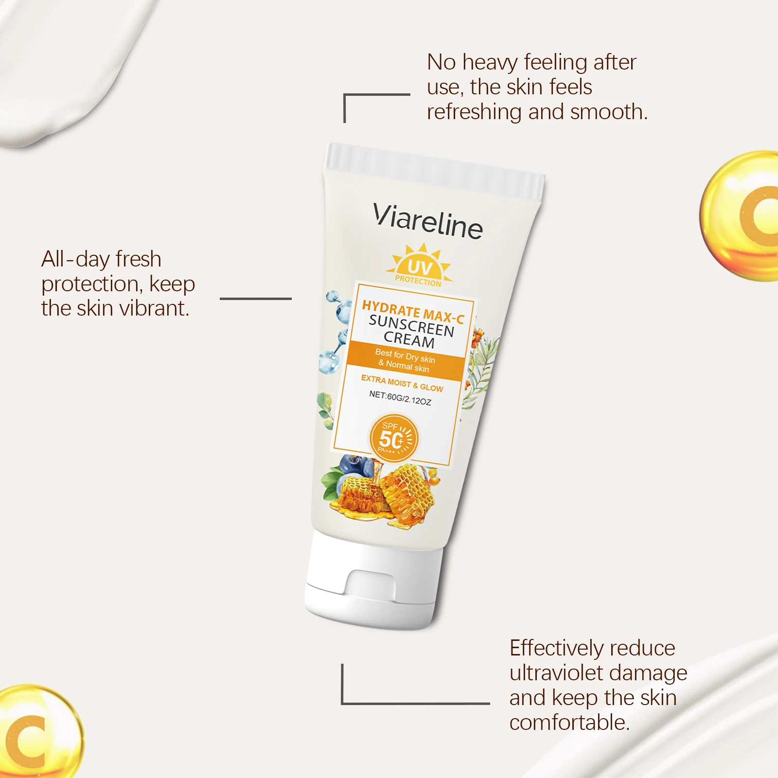 Viareline Sunscreen Cream Summer Moistiurizing Gentle Soothing Prevent UV Non-sticky Glowing Skin Tone Smoothing Sunscreen Cream