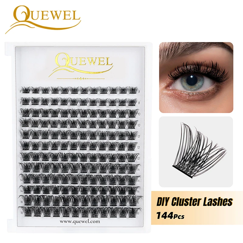 Quewel Lashes DIY Cluster Eyelash Extension 144pcs C/D 8-16Mix Segment Mink Eyelashes Premade Volume Fans Faux Mink Easy Wearing