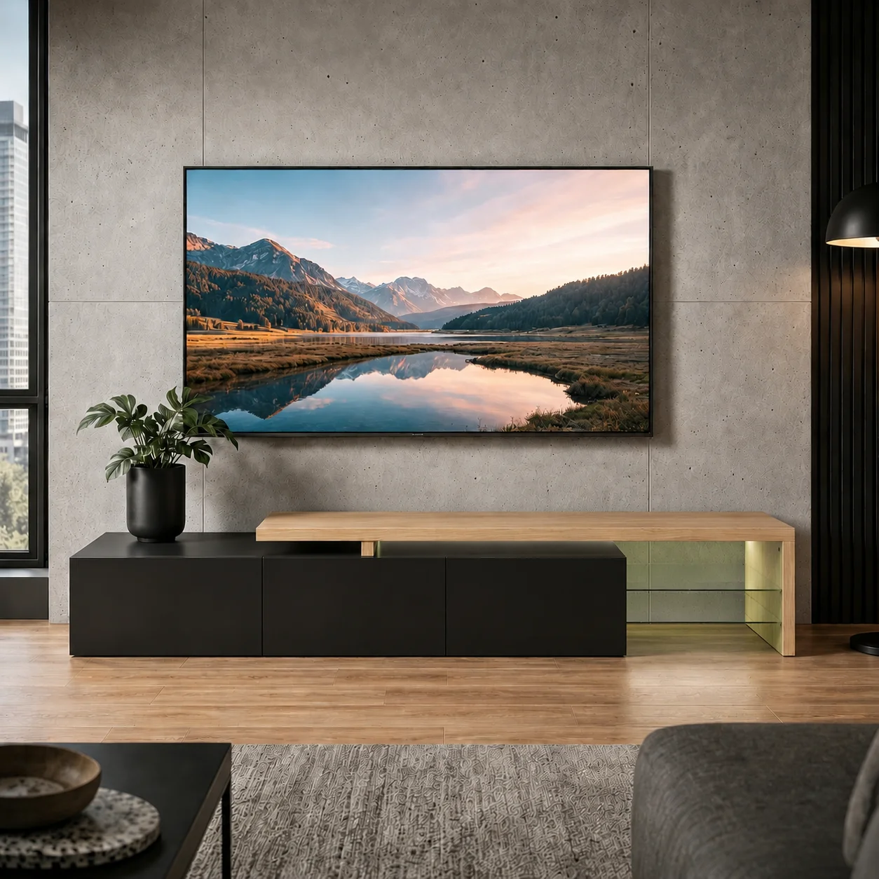 TV-Ständer mit LED-Beleuchtung, minimalistische Medienkonsole mit schwarzen Aufbewahrungsschränken und Glasregalen, Entertainment-Center aus Holz, geeignet für Wohn- und Schlafzimmer, passend für