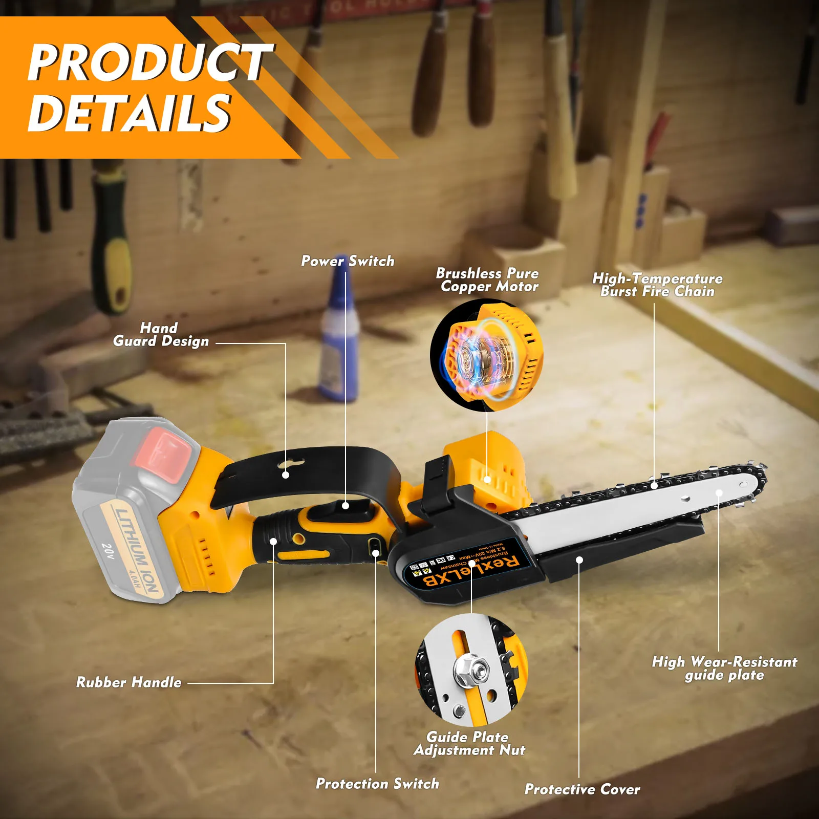 6 Inch Cordless Mini Chainsaw 450W/550W Brushless Electric Handheld Chain Saw Fast Powerful Cutting for Dewalt/Milwaukee Battery