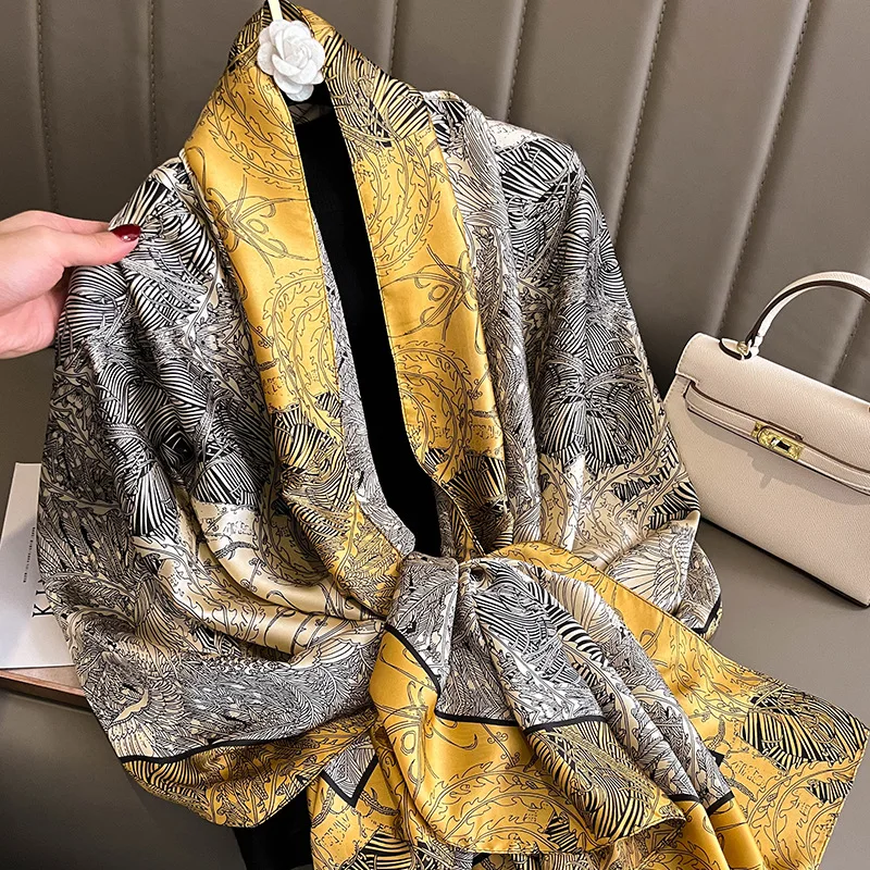 Mode Druck Große Schal Wraps Seide Schal Frauen Luxus Marke Satin Stirnband Hijab Bandana Turban Foulard Sommer Strand Stolen – Detail 23