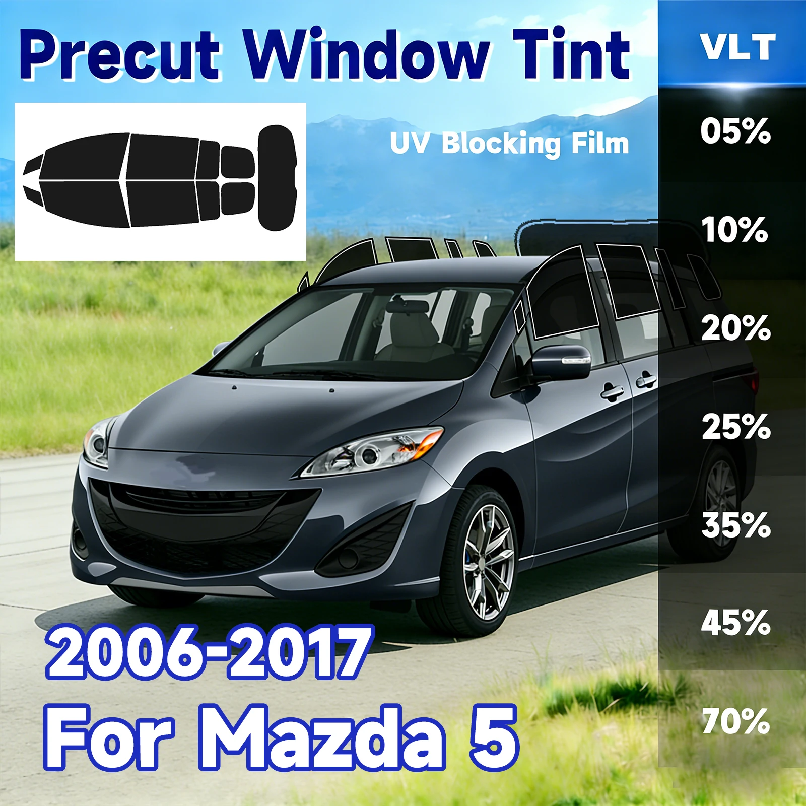

Предварительно нарезанная тонировочная пленка для окон автомобиля Mazda 5 2006-2017: защита от солнца, УФ-излучения, жары и бликов, двухслойная, на заказ, для конфиденциальности и затенения