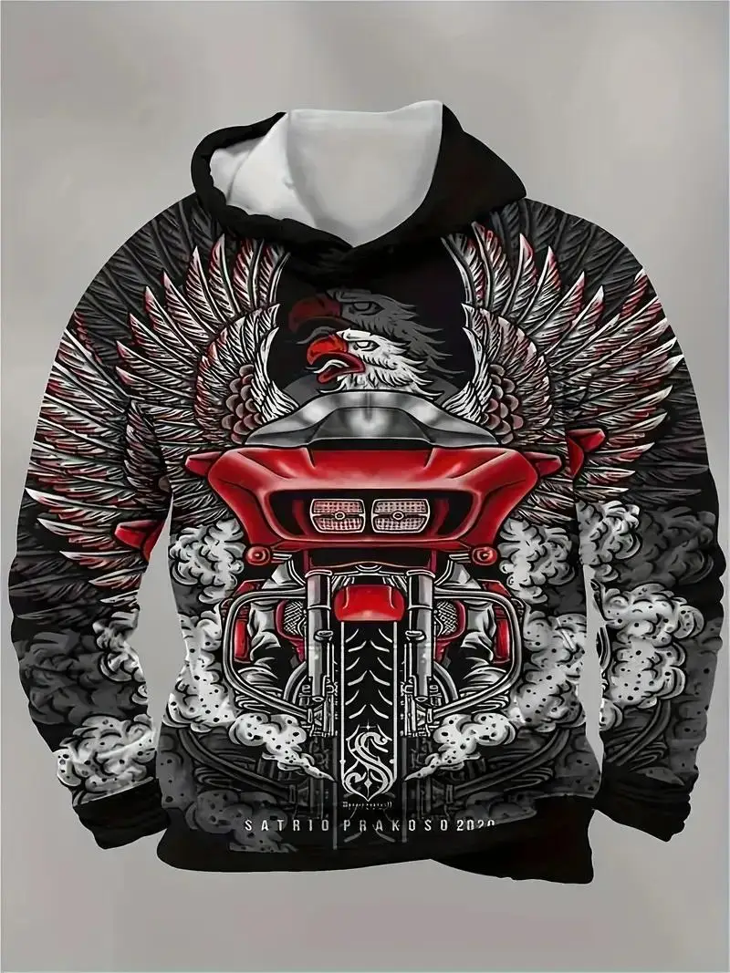 

2024 Spring and Autumn New Men's 3D Printed Eagle Pattern Hoodie Casual Retro High Street Fashion Loose Long Sleeve Hoodie