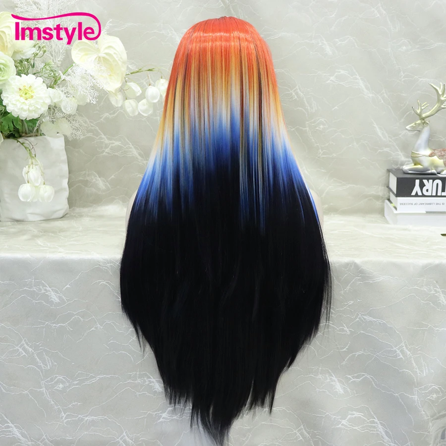 Imstyle Synthetic Lace Front Wig Black Wig Colorful Long Straight Wig Heat Resistant Fiber Cosplay Wig For Women Ombre Wigs