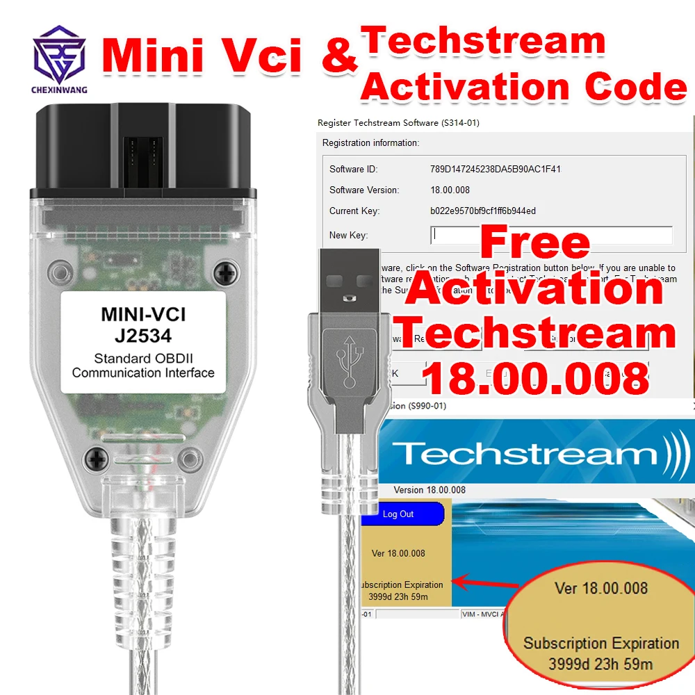 V18.00.008 Code Mini Vci For Toyota TIS Techstream Activation Code FTDI J2534 OBD2 Car Diagnostic Cable for Toyota/Lexus 2023